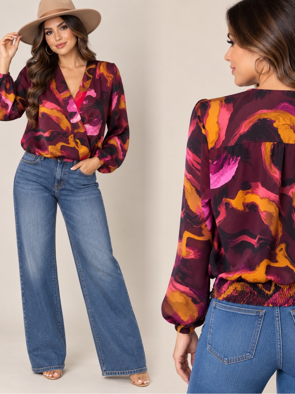 Nine West Marbled Wrap Blouse in Burgundy, Pink & Gold